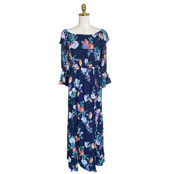 New York &Co Navy Floral Off-Shoulder Ruffled Summer Flowy Fairy Maxi Dress Sz M - Picture 6 of 14